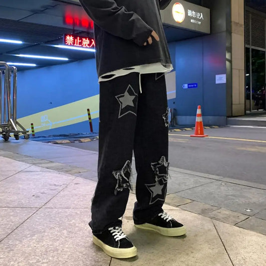 Men Denim Pants Five-pointed Star Pattern Embroidery Loose Wide Leg Streetwear Solid Color Mid Waist Baggy Jeans Straight Trouse